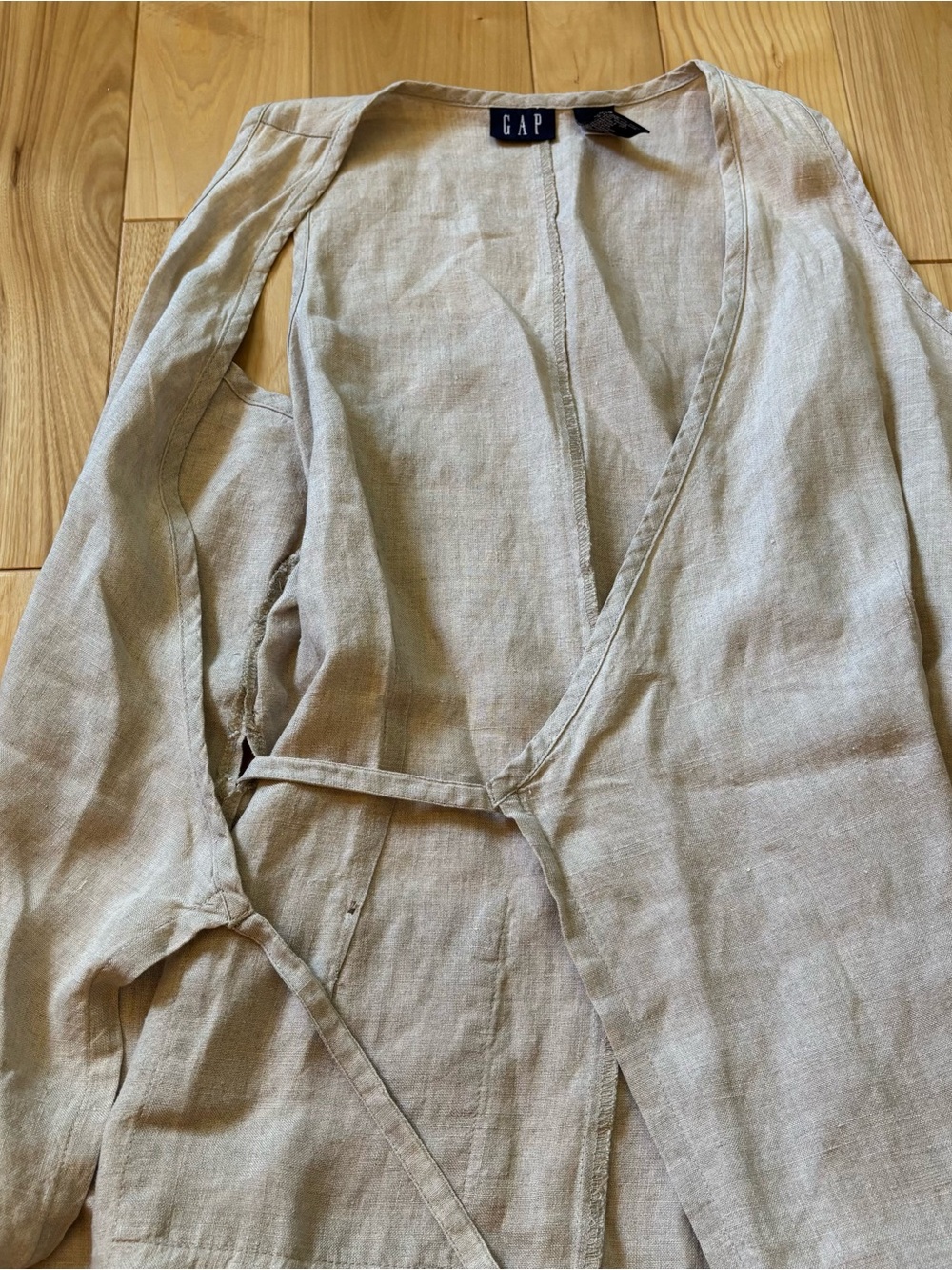 Vintage Gap Linen Tan V Neck Wrap Style Midi Dress - Picture 10 of 11